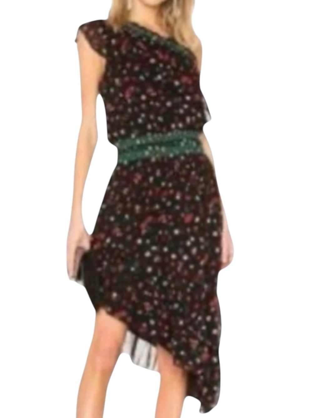 JOIE Hafsa Silk One-Shoulder Floral Ruffle Asymmetrical Dress in Caviar Size MED